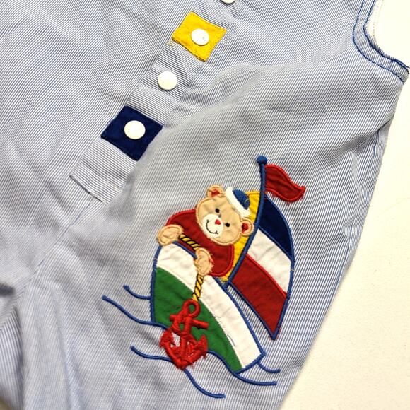 Vintage Romper Baby Boys Size 6-9m Blue Sailboat Applique Nautical - Picture 2 of 4